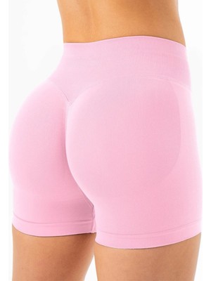 Luna Büzgülü Seamless Toparlayıcı Yüksek Bel Push-Up Dikişsiz Spor Şort - Pembe