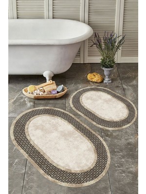 Kaymaz Tabanlı, Yıkanabilir, Tozsuz, Leke Tutmayan Oval Banyo Paspas Seti