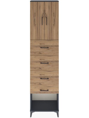 Arges Dolap Tek Raflı 4 Çekmeceli 2 Kapaklı 60X30X243 Antrasit-Çam