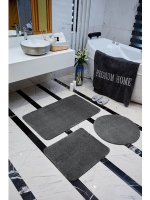 Antrasit Renk Peluş Banyo Paspası Seti, Kaymaz Taban, Yıkanabilir, 3'lü, Çeşitli Boyut