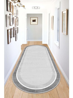 Makinede Yıkanabilir Gri Oval Kaymaz Taban Yolluk Ev Dekorasyonu