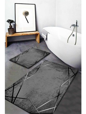 Antrasit Çizgili Yıkanabilir Kaymaz Tabanlı 2'li Banyo Halısı Seti