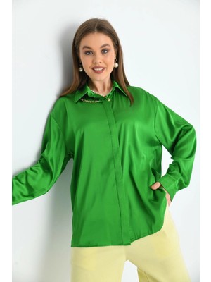 Kadın Gömlek Zincir Detaylı Saten Gömlek Yeşil - 22026