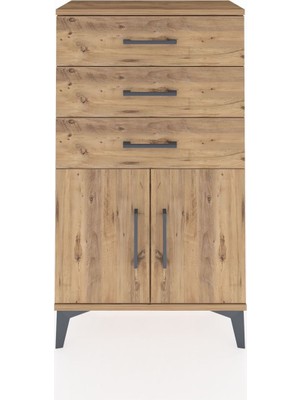 Arges Komodin Tek Raflı 3 Çekmeceli 2 Kapaklı 60X30X106 Çam-Çam
