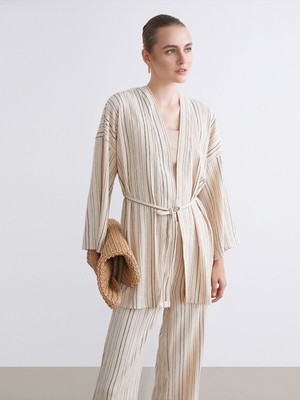 Lc Waikiki Yeni Sezon Şal Yaka Çizgili Oversize Kadın Hırka