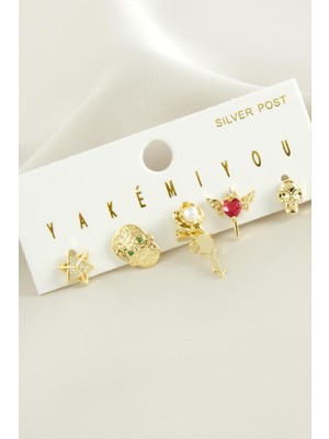 Yakemiyou 5 Adet Zirkon Taşlı Lüks Çelik Küpe