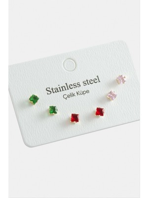 6 Adet Kare Zirkon Tek Taşlı Çelik Küpe