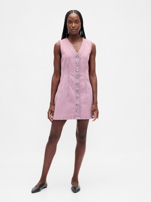 Gap Kadın Pembe Denim V-Yaka Mini Elbise