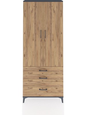 Arges Dolap 2 Raflı 3 Çekmeceli Tek Askılı 88X30X221 Antrasit-Çam