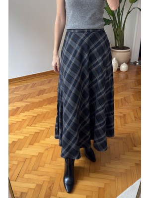 Ekose Desen Verevli Etek- Gri