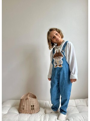 Erkek Çocuk Mavi Hayvan Figürlü Peluş Kot Jean Salopet