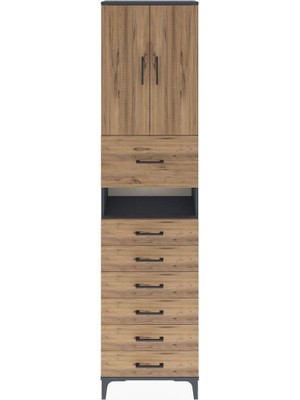 Arges Dolap 3 Raflı 6 Çekmeceli 2 Kapaklı 60X30X243 Antrasit-Çam