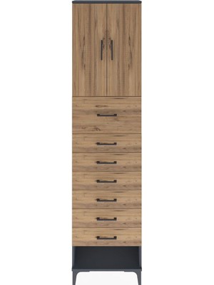 Arges Dolap 2 Raflı 7 Çekmeceli 2 Kapaklı 60X30X243 Antrasit-Çam