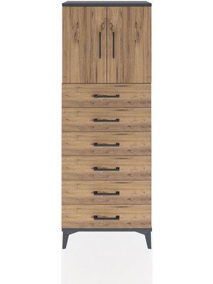 Arges Dolap 2 Raflı 6 Çekmeceli 2 Kapaklı 60X30X163 Antrasit-Çam