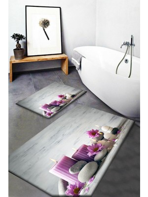 Pembe Spa Taşları ve Banyo Seti, 2'li Klozet Takımı, Paspas ve Halı