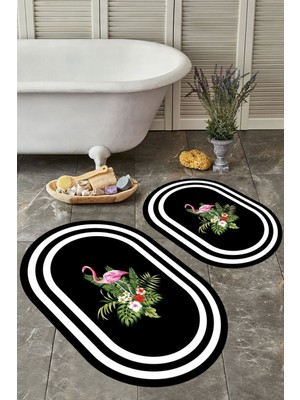 Kaymaz Taban Yıkabilir Toz Leke Tutmaz Oval Banyo Paspas Seti Siyah