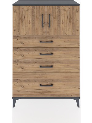 Hyperion Dolap Tek Raflı 4 Çekmeceli 2 Kapaklı 88X44X134 Antrasit-Çam