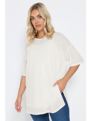 Büyük Beden Bisiklet Yaka Kısa Kollu Yanları Yırtmaçlı Astarlı Bluz 303434