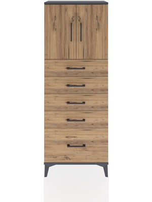 Arges Dolap 2 Raflı 5 Çekmeceli 2 Kapaklı 60X30X163 Antrasit-Çam