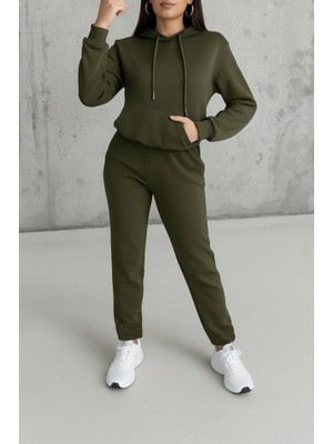 Gökyüzü Moda Kadın Uzun Kollu Kapşonlu Bağcıklı Üç Iplik Bluz ve Pantolon Ikili Takım