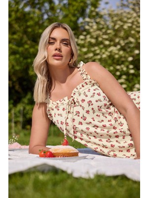 Büyük Beden Çiçek Desenli Bürümcük Kumaş Kare Yaka Kolsuz Bluz 322688