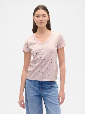 Gap Kadın Açık Pembe V Yaka Grafik T-Shirt