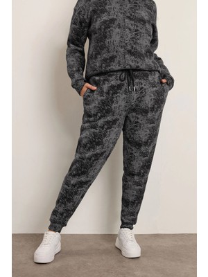 Stil Diva Büyük Beden Kadın Beli Büzgülü Dar Paça Cepli Dokuma Pantolon Soyut Desenli Rahat Model