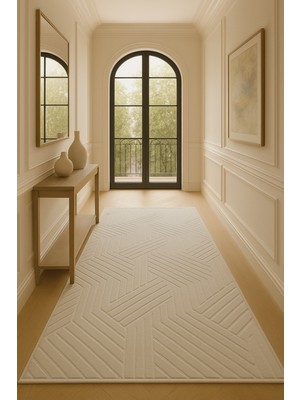 Şık Embos Dekoratif Halı, Kaymaz Taban, Yıkanabilir, Salon ve Koridor Için Krem Renk