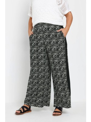 Büyük Beden Bol Paça Beli Lastikli Cepli Desenli Pantolon 303772