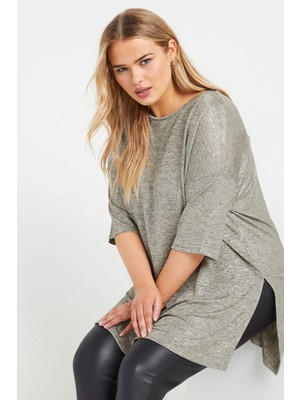 Büyük Beden Bisiklet Yaka Yarım Kollu Yırtmaçlı Parlak Görünümlü Bluz 303613