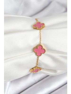 Bfs 316L Çelik Gold Zincir Pembe Yonca Renk Bileklik