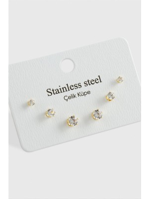 6 Adet Zirkon Tek Taşlı Çelik Küpe