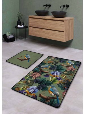 Yeşil Ekvator Desenli Kaymaz Yıkanabilir 2'li Banyo Paspası, 60X100 ve 50X60 cm