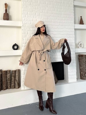Kadın Krem Uzun Trençkot Cepli Kuşaklı Rüzgar Kapaklı Yeni Sezon Dış Giyim
