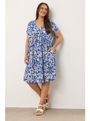 Büyük Beden V Yaka Kısa Kollu Cepli Çiçek Desenli Midi Elbise 616286