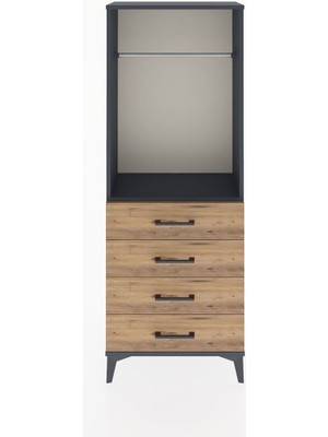 Arges Dolap Tek Raflı 4 Çekmeceli Tek Askılı 60X30X163 Antrasit-Çam