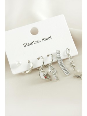 6 Adet Anahtar Kilit Zirkon Taşlı Lüks Çelik Küpe