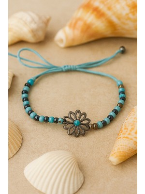Turkuaz Çiçek Detaylı Ayarlanabilir El Yapımı Bileklik