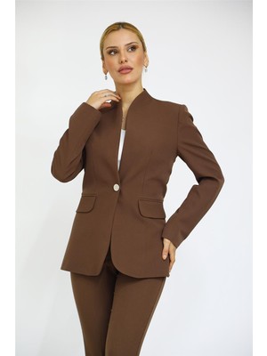 Kendinden Dik Yakalı Ceket-Kestane