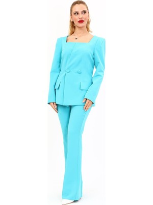 Kare Yaka Ceket & Ispanyol Paça Pantolon-Turkuaz