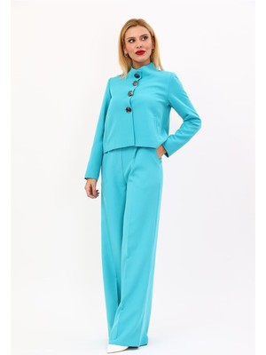 Oval Dik Yaka Kısa Ceket &  Korsaj Kemer Palazzo Pantolon-Turkuaz