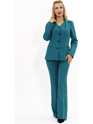 Erkek Yaka Yelek Ceket & Ispanyol Paça Pantolon-Petrol