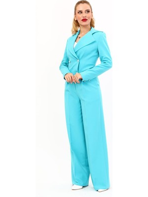 Gömlek Yaka Kuruvaze Kısa Ceket &  Korsaj Kemer Palazzo Pantolon-Turkuaz