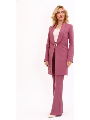 Şal Yaka Cepli Uzun Ceket & Ispanyol Paça Pantolon-Rose
