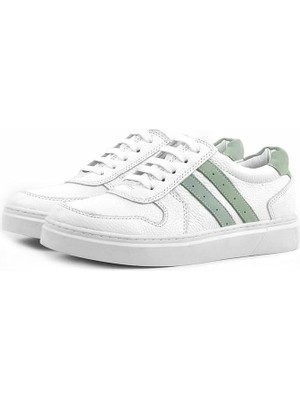 Rakerplus Hakiki Deri Beyaz Yeşil Bağcıklı Fermuarlı Çocuk Sneaker