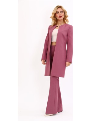 Sıfır Yaka Düz Uzun Ceket & Ispanyol Paça Pantolon-Rose
