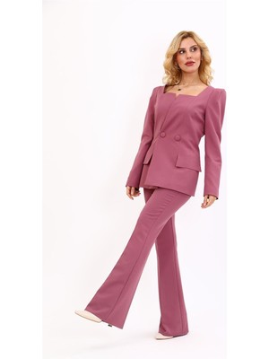 Kare Yaka Ceket & Ispanyol Paça Pantolon-Rose