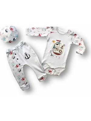 Diji Baby 3-6 6-9 9-12 Ay Şirin Kozmonot Nakışlı Şapkalı Uzun Kollu Sweatli 3lü Kız-Erkek Bebek Takımı