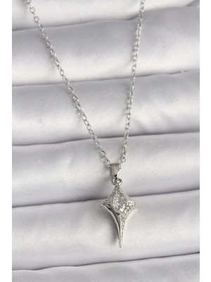 316L Çelik Gümüş Renk Zincir Zirkon Taşlı Kuzey Yıldızı Model Kadın Kolye
