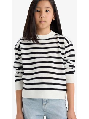 Defacto C6903 Siyah Kız Çocuk Standart Fit Bisiklet Yaka Çizgili Triko Kazak